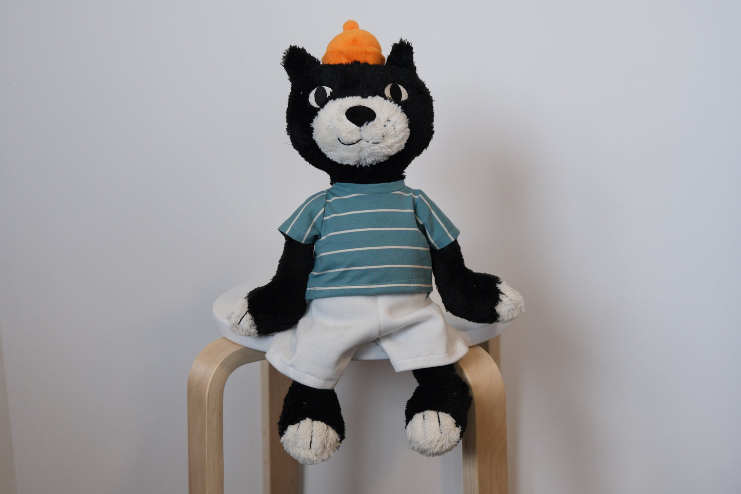 jellycat jack  cat with a striped shirt and white pants