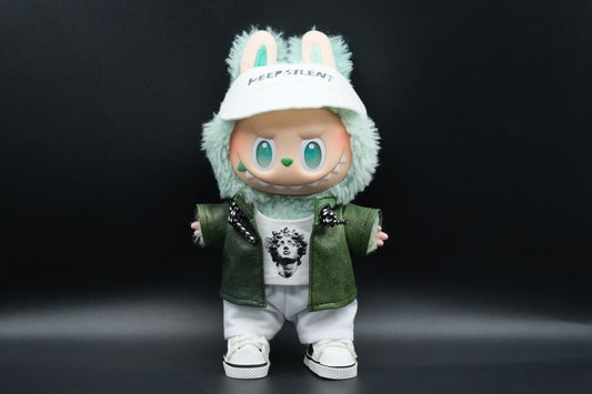 A Labubu  wear a green leather jacket, white t-shirt, white pants, white shoes and cap