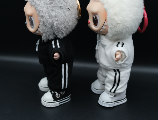 side view of Labubu Tracksuit Outfit including black or white outfit ( jacket,pants,shoes)