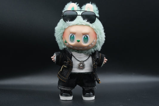 Labubu black denim jacket outfit with denim jacket, jeans, sneakers, sunglasses and necklace