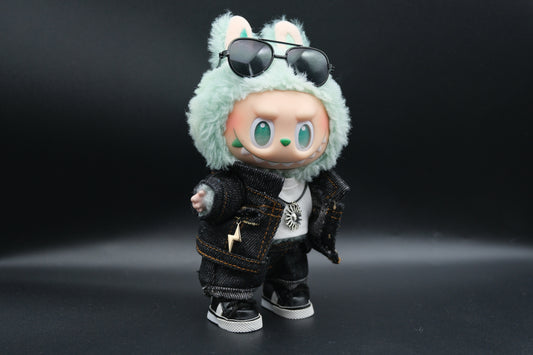 Labubu black denim jacket outfit with denim jacket, jeans, sneakers, sunglasses and necklace