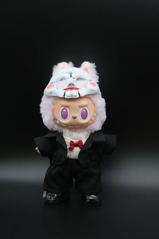 A Labubu figure wearing a 6-piece theatrical villain suit, including a plaid jacket, pants, and a creepy mask.