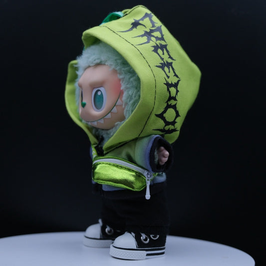 Detailed shot of the Labubu outfit's hooded jacket