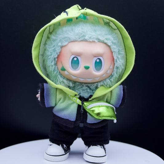 A Labubu figure wearing a 4-piece layered streetwear outfit, including a hooded, black pants, sneakers and slanting bag