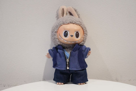 Labubu figure wearing a 3-piece Zootopia Judy Hopps costume set, including a blue zip jacket and denim pants