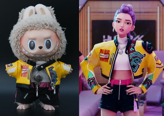 Side-by-side comparison of Labubu and Rumi wearing the kpop demon hunter outfit