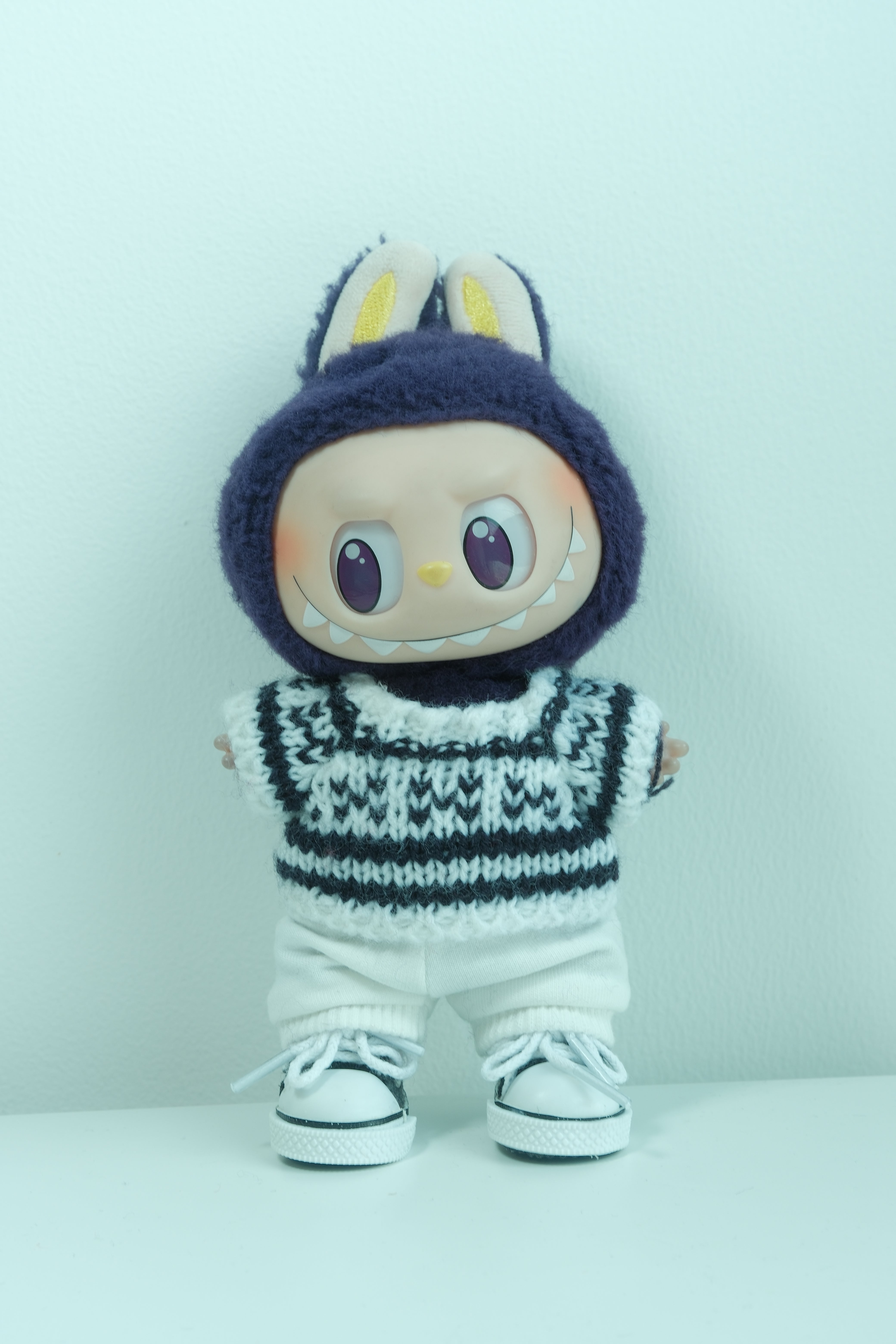 Labubu Clothes: B&W Fair Isle Sweater, White Pants & Sneakers Set ...