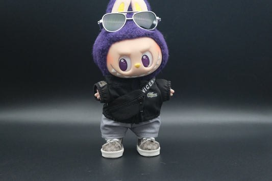 labubu wear black jacket, cross body bag. gray pants,gucci shoes and sunglasses