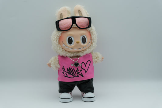 labubu wear a sunglasses, pink vest and black leather pants and pink shoes