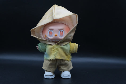 LABUBU plush doll wearing a distressed tie-dye hoodie, khaki pants, and white sneakers