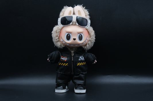 A Labubu designer toy figure in a dark, urban-style outfit, featuring a black leather jacket and pants , sunglasses and a pair of shoes
