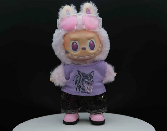 LABUBU plush doll wearing a light purple vest with a wolf graphic and fuzzy pink sleeves