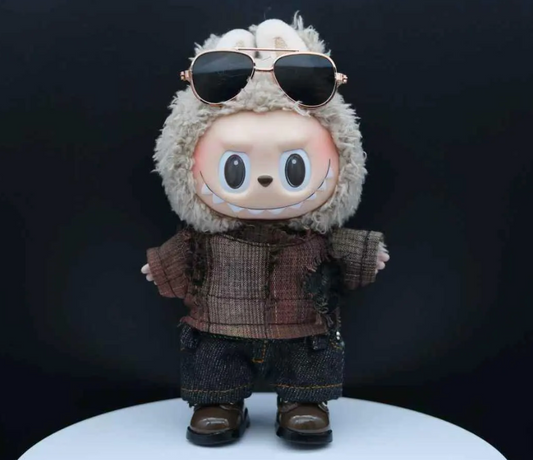 LABUBU plush doll wearing sunglasses and a wasteland punk t-shirt