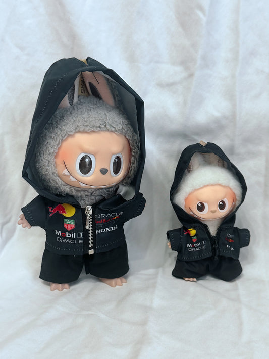 big and small labubu wearing F1 red bull hoodie outfit