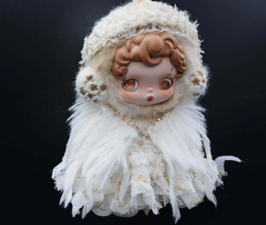 Full-body shot of a Skullpanda figure wearing a custom-made, white feather dress and a fluffy cap with lace trim.