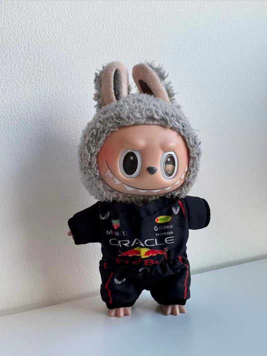 side view of labubu red bull jumpsuit