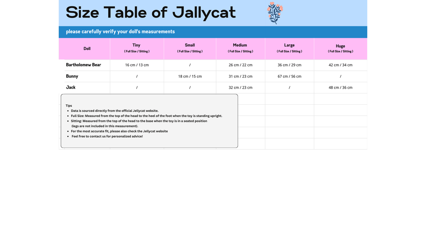 Size chart for Jallycat products 