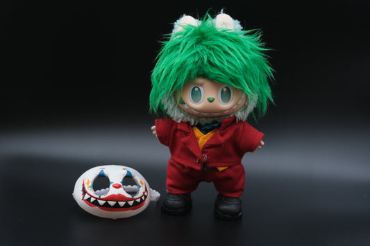 A Labubu figure wearing a 7-piece Joker costume, including a suit, shirt, vest, pants, shoes, wig and signature mask